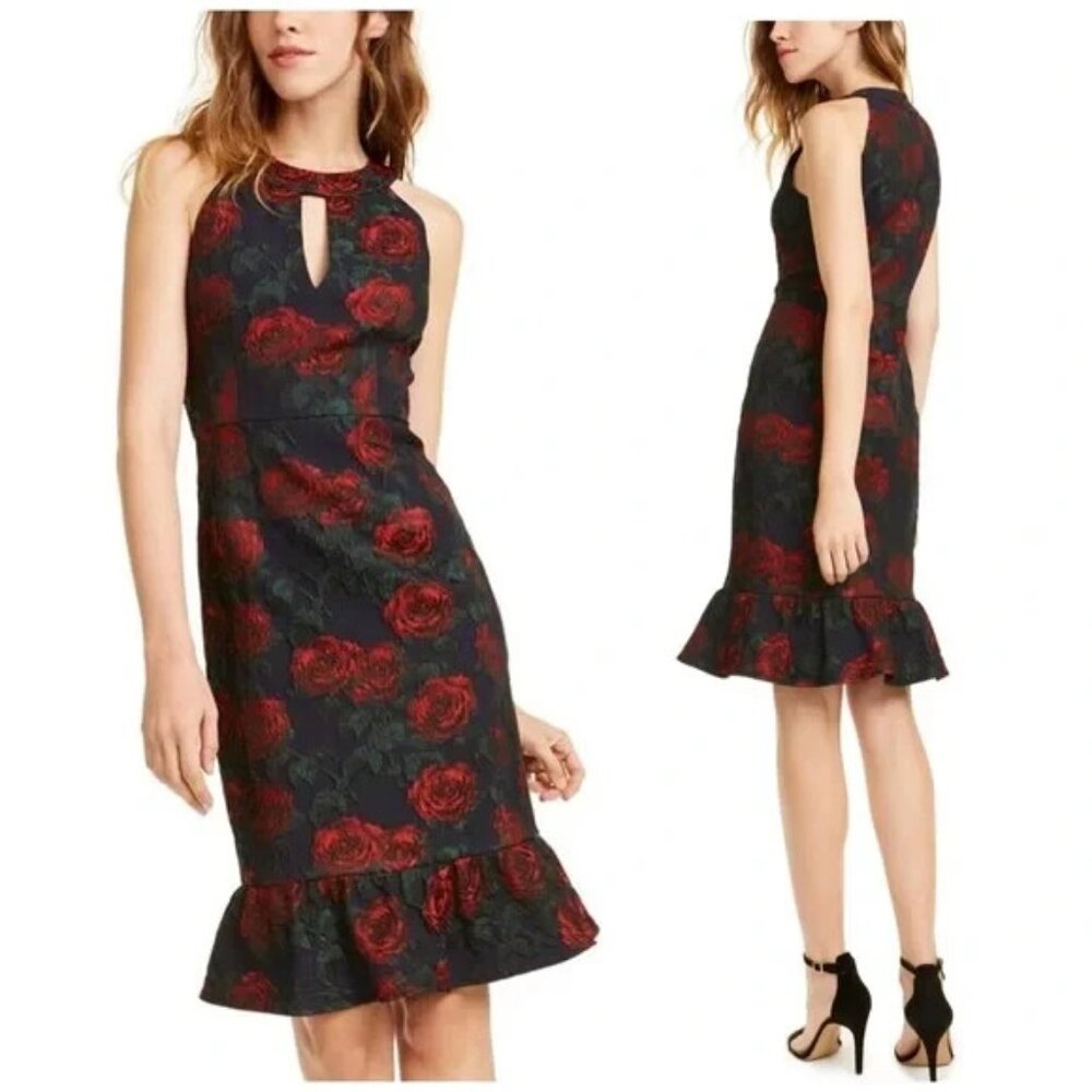 Nanette Lepore Womens Rose Floral Print Keyhole Neck Midi Dress Navy 4
